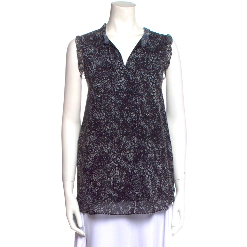 Haute Hippie Ruffled Neck Lined Tunic in Black Gray Mini Floral Print Size L